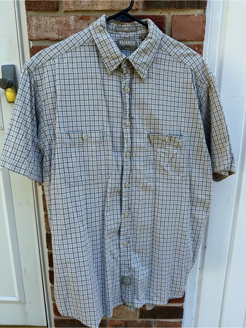 Men’s L Khakis Arrow Big Oxford Short Sleeve Button Down Earthy Tone Plaid Shirt